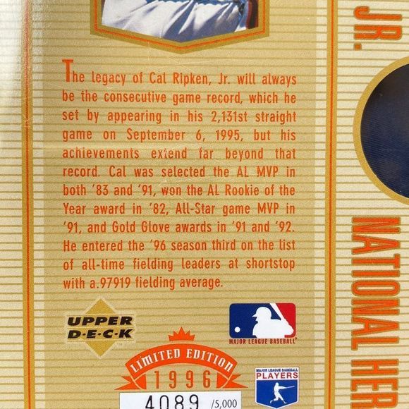 1996 Upper Deck Authenticated National Heroes Promo Cal Ripken Jr #NH2 HOF - Picture 7 of 9